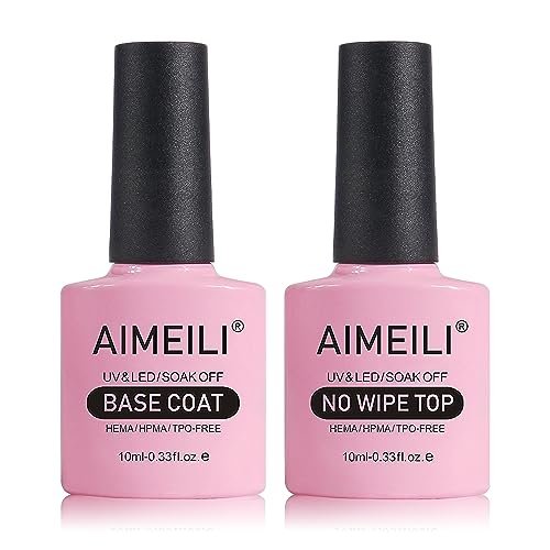 Aimeili Gel Nail Polish Hema Free No Wipe Top And Base Coat Set, Cruelty Free, Vegan, Shine Finish And Long Lasting, Soak Off Gel Nail Lacquer - 2 X 10Ml