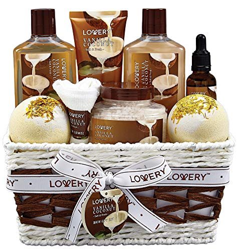 Bath And Body Gift Basket For Women And Men – 9 Piece Set of Vanilla Coconut Home Spa Set, Includes Fragrant Lotions, Extra Large Bath Bombs, Coconut Oil, Luxurious Bath Towel & More