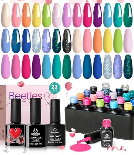 Beetles 23Pcs Gel Nail Polish Set With 3Pcs Base Matte Glossy Top Coat, Nude Gray Pink Blue Burgundy Glitter Gel Polish Kit Modern Muse Kit, Soak off Uv Gel Valentines Day Gift for Women