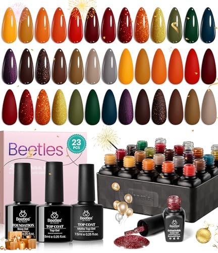 Beetles Gel Polish Nail Set 20 Colors Cozy Campfire Collection Orange Yellow Green Brown Fall Winter Gel Polish Set Soak Off Uv Lamp Need Base Glossy & Matte Top Coat Manicure Kit Gift for Girls