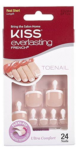 Kiss Everlasting French Pedicure Kit, Chip-Free Glue-On Fake Toenails, Real Short Length, Style “Limitless”, Flexi-Fit Technology, Pink Gel Nail Glue, Mini File, Manicure Stick & 24 False Toenails