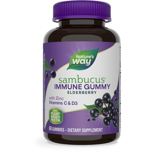 Nature’S Way Sambucus Elderberry Immune Gummies, Daily Immune Support for Kids And Adults*, With Vitamin C, Vitamin D3, Zinc, Gluten Free, Vegetarian, 60 Gummies (Packaging May Vary)