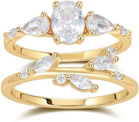 Modern Wedding Ring Stack | Three Stone CZ Engagement Ring |...