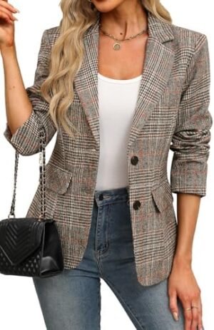 ELLEVEN Women's Lapel Collar Plaid 2 Button Boyfriend Blazer... ELLEVEN Women's Lapel Collar Plaid 2 Button Boyfriend Blazer...