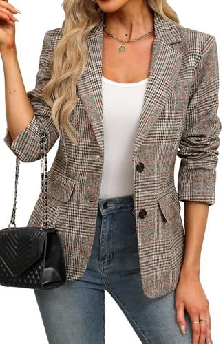 ELLEVEN Women's Lapel Collar Plaid 2 Button Boyfriend Blazer...