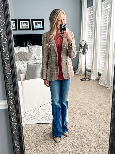 ELLEVEN Women's Lapel Collar Plaid 2 Button Boyfriend Blazer...