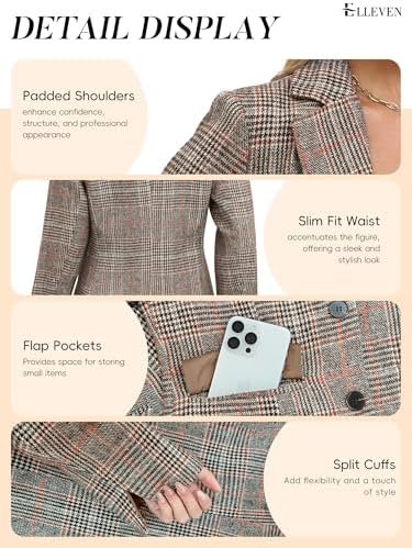 ELLEVEN Women's Lapel Collar Plaid 2 Button Boyfriend Blazer...
