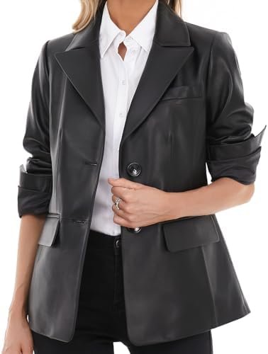 Women's Lambskin Leather Blazer,Fitted Leather Jacket,Button...