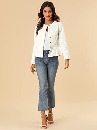 Allegra K Women's Peplum Denim Jackets Collarless Round Neck...