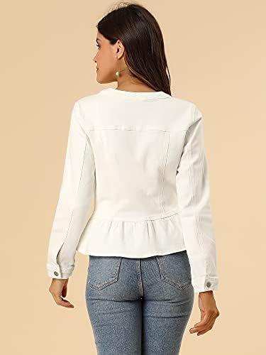 Allegra K Women's Peplum Denim Jackets Collarless Round Neck...