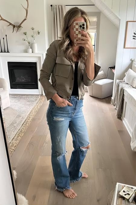 Onedreamer Women's Military Safari Cropped Jackets Button Do...