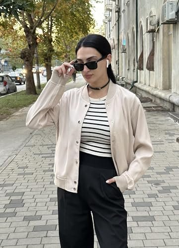 Zeagoo Bomber Jacket Women Varsity Casual Striped Button Dow...