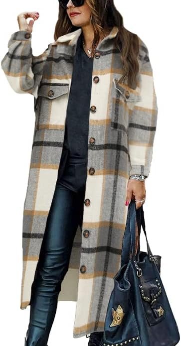 PUWEI Women's Casual Lapel Button Down Long Plaid Shirt Coat...