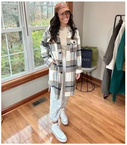 PUWEI Women's Casual Lapel Button Down Long Plaid Shirt Coat...