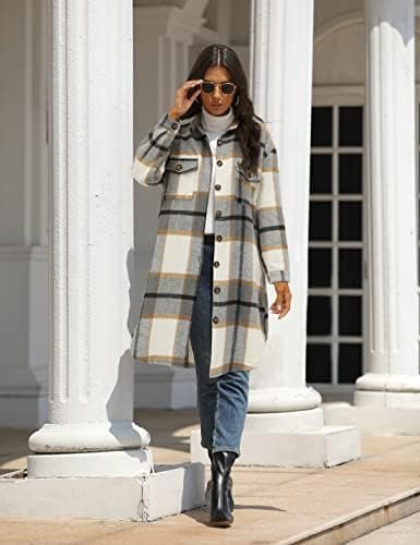 PUWEI Women's Casual Lapel Button Down Long Plaid Shirt Coat...