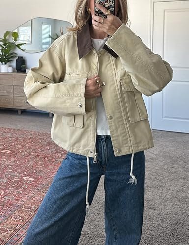 Womens Cropped Jacket Contrast Collar Utility Coat Cargo Jac...