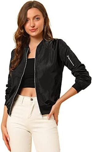 Allegra K Women's Casual Zip Up Bomber Jacket Windbreaker Ou... Allegra K Women's Casual Zip Up Bomber Jacket Windbreaker Ou...
