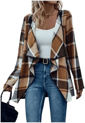 GORGLITTER Women's Plaid Open Front Waterfall Long Sleeve Co...