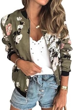 ECOWISH Women's Casual Floral Zip Up Bomber Jacket Coat Crew...
