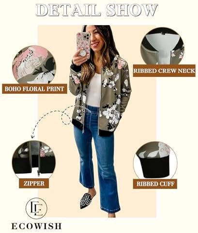 ECOWISH Women's Casual Floral Zip Up Bomber Jacket Coat Crew...