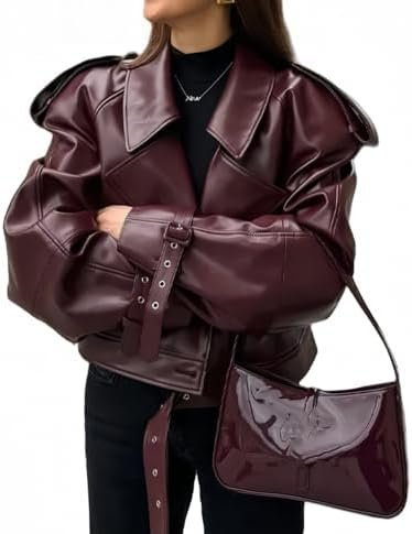Womens Jacket Leather Jacket Women V Neck Retro Red Leather ...