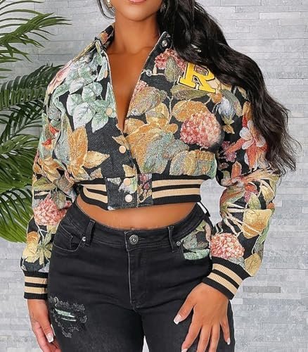 KANSOON Varsity Jacket Women Bomber Textured Floral Cropped ...