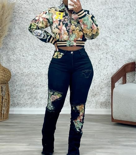 KANSOON Varsity Jacket Women Bomber Textured Floral Cropped ...