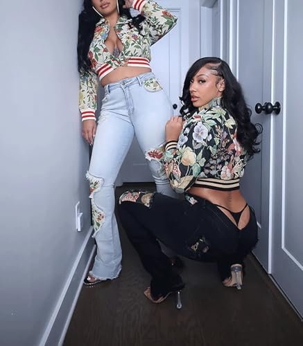 KANSOON Varsity Jacket Women Bomber Textured Floral Cropped ...