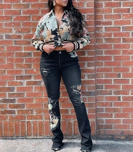 KANSOON Varsity Jacket Women Bomber Textured Floral Cropped ...