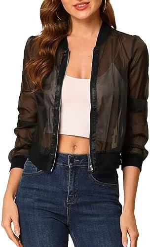 Fisoew Women's Crop Mesh Sheer Bomber Jackets Lightweight Lo...