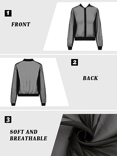 Fisoew Women's Crop Mesh Sheer Bomber Jackets Lightweight Lo...