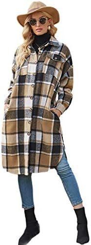 PUWEI Women's Casual Lapel Button Down Long Plaid Shirt Coat...