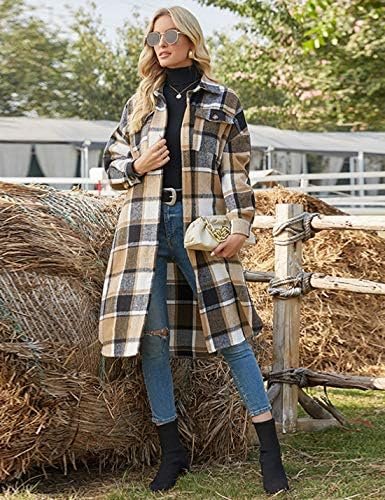 PUWEI Women's Casual Lapel Button Down Long Plaid Shirt Coat...