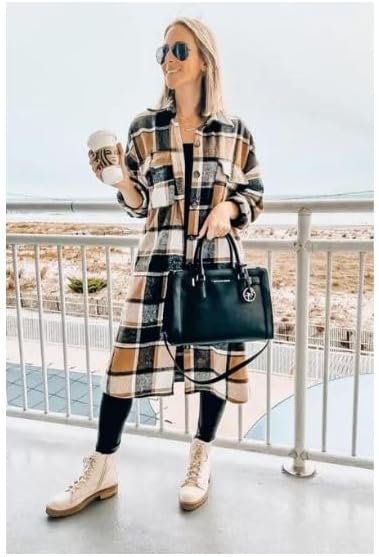 PUWEI Women's Casual Lapel Button Down Long Plaid Shirt Coat...