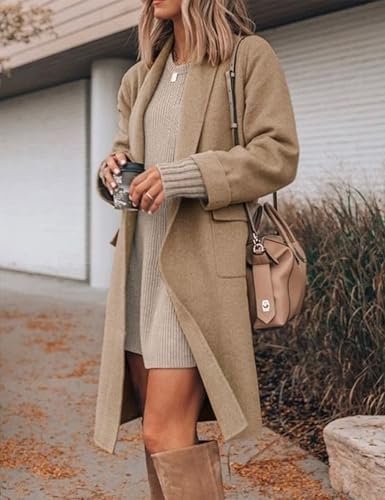 Hooever Women's Long Cardigan Wool Coat Open Front Pockets W...