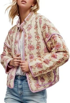 Yimoon Women's Cropped Puffer Quilted Jacket Vintage Floral ... Yimoon Women's Cropped Puffer Quilted Jacket Vintage Floral ...