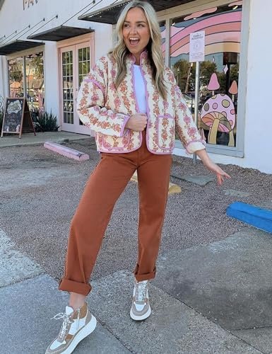 Yimoon Women's Cropped Puffer Quilted Jacket Vintage Floral ...