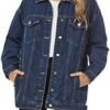 PUWEI Women's Oversized Denim Jacket Distressed Lapel Button...