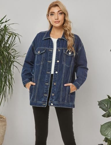 PUWEI Women's Oversized Denim Jacket Distressed Lapel Button...