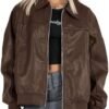 Tankaneo Womens Faux Leather Jackets Oversized Bomber Casual...