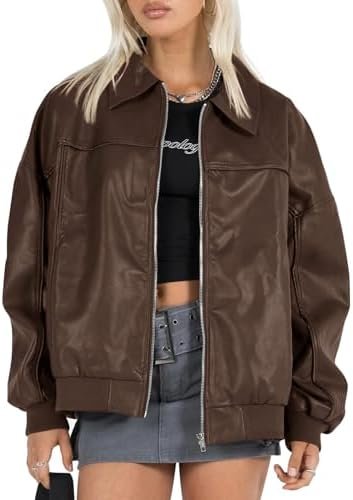 Tankaneo Womens Faux Leather Jackets Oversized Bomber Casual...