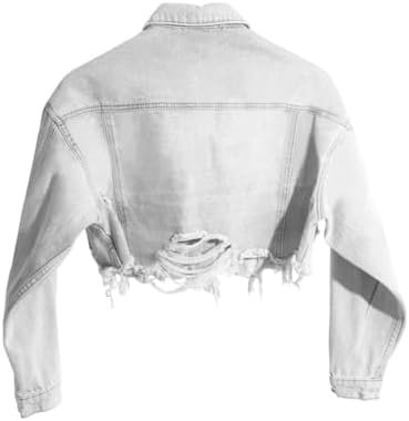 HTD Women's Cropped Jean Jacket Button Up Long Sleeve Ripped...