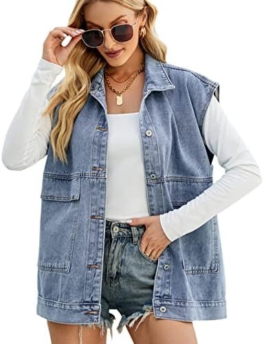 Huaqiao Womens Denim Vest Mid long Jacket Jean Sleeveless Ve...