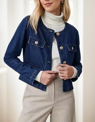 Kedera Jean Jacket Women 2025 Long sleeves Cropped Collarles...