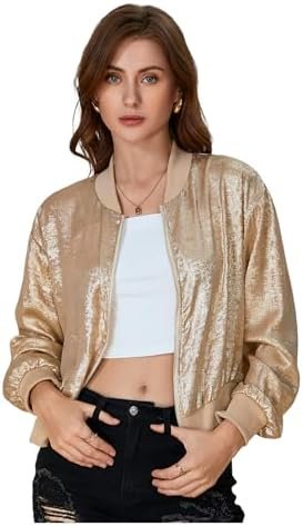 SOLY HUX Women's Metallic Jacket Zip Up Long Sleeve Lightwei... SOLY HUX Women's Metallic Jacket Zip Up Long Sleeve Lightwei...