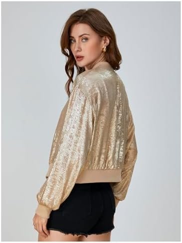 SOLY HUX Women's Metallic Jacket Zip Up Long Sleeve Lightwei...