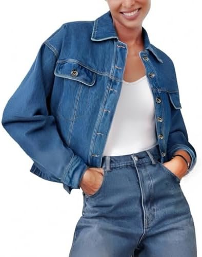 Women's Denim Jackets Vintage Washed Button Up Cropped Overs...