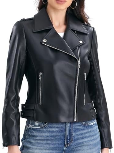 Leather Jacket Women,Lambskin Motorcycle Jacket,Zip Front,Be...