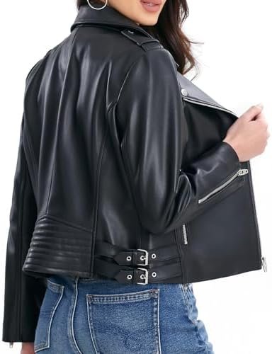Leather Jacket Women,Lambskin Motorcycle Jacket,Zip Front,Be...