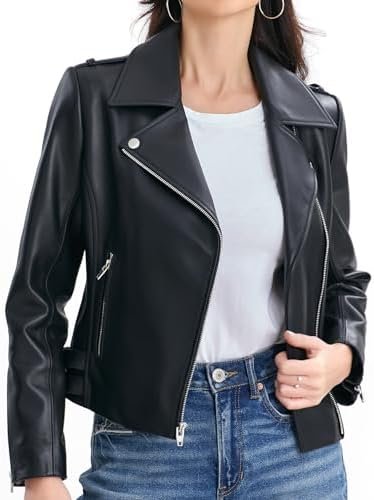 Leather Jacket Women,Lambskin Motorcycle Jacket,Zip Front,Be...